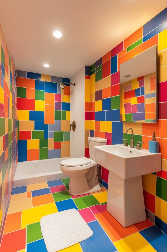 A colorful bathroom with multicolored tiled walls and floors, as well as a bathtub, toilet and sink.