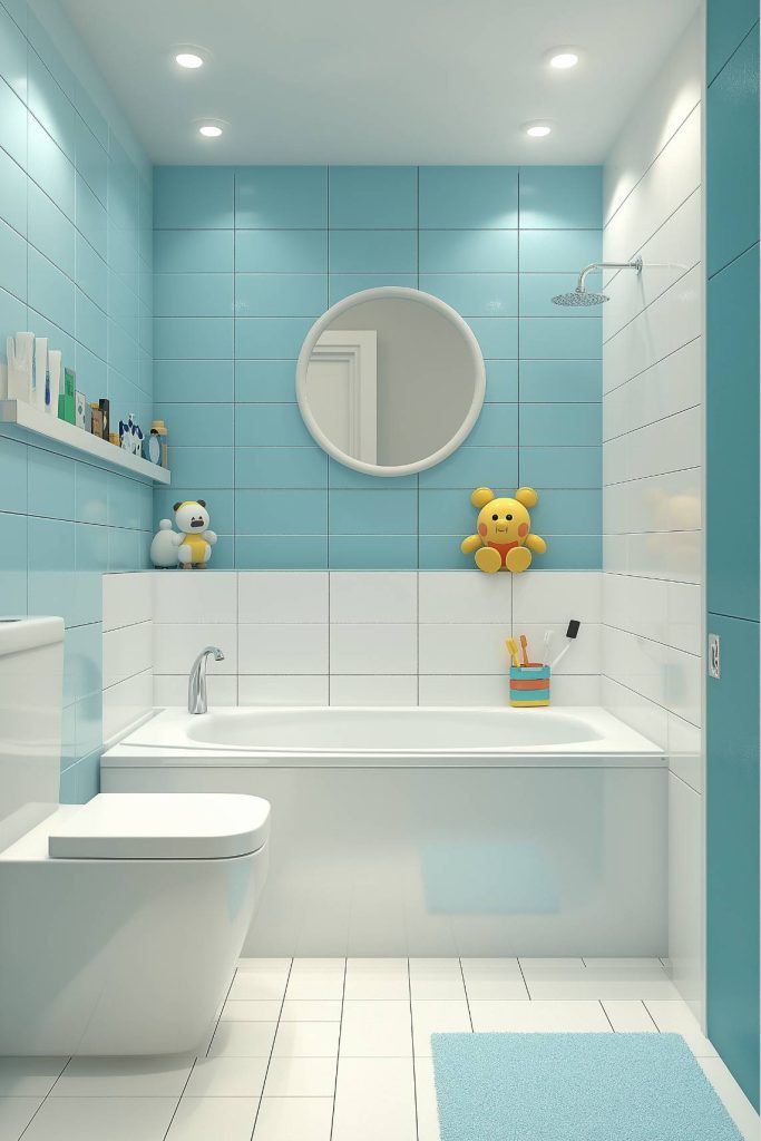 Blue tiled bathroom with bathtub, toilet, mirror and rubber duck decor.