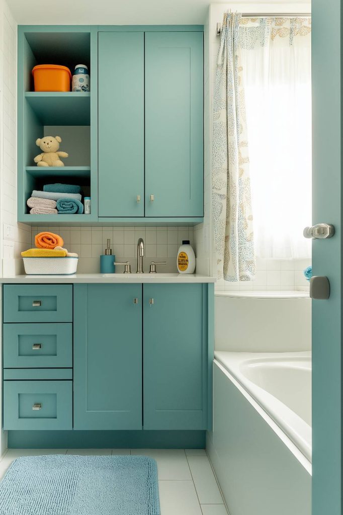 Bright bathroom with teal cabinets, white countertops and shower curtain.