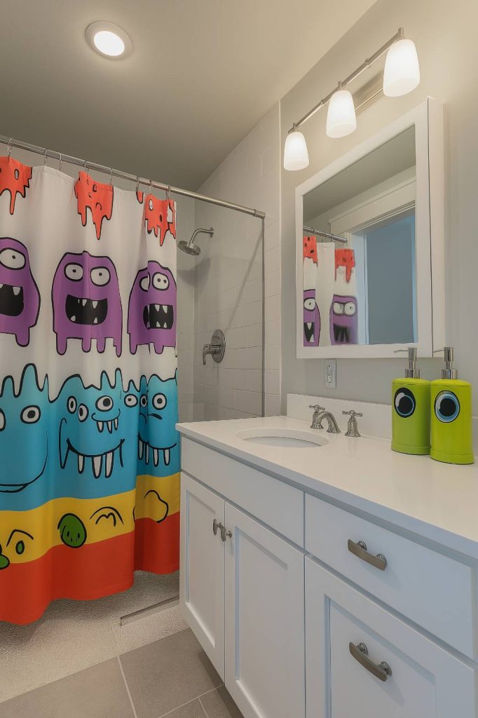 A modern bathroom with a colorful monster-style shower curtain and green double soap dispensers.