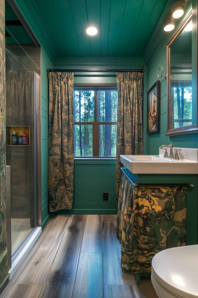 A bathroom with teal walls, camouflage curtains and a window overlooking trees.