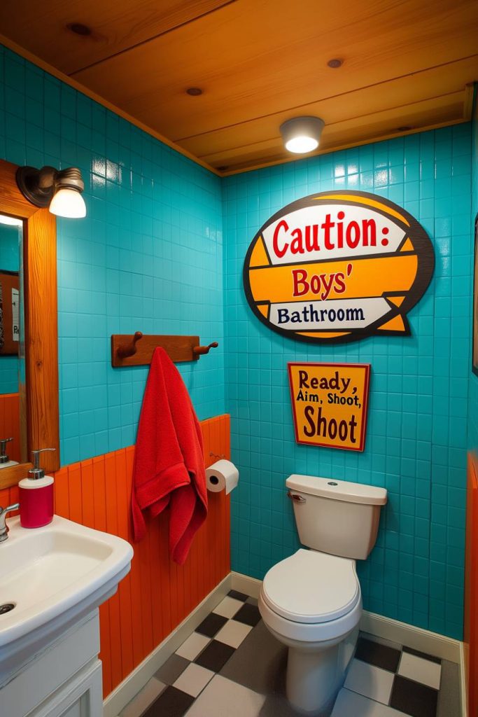 A colorful bathroom with blue tiles, orange walls and humorous aim signs.