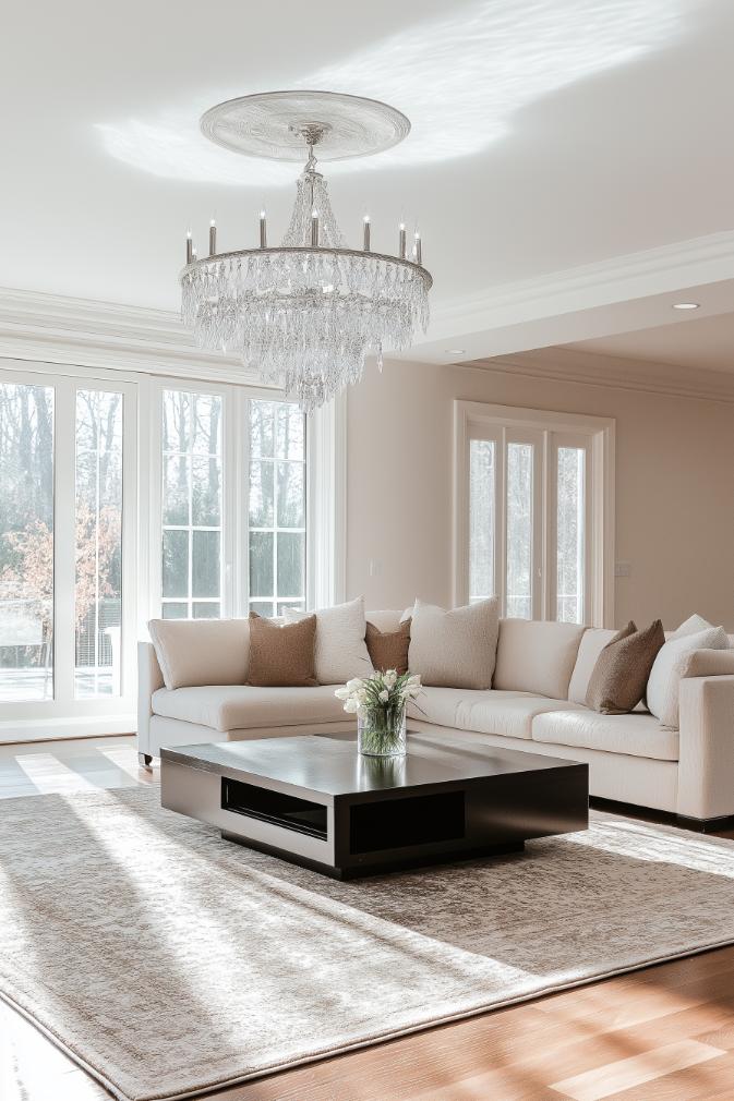 A spacious modern French country style living room with a white sectional sofa, a dark coffee table, a light rug and a large crystal chandelier. Large windows let in natural light.