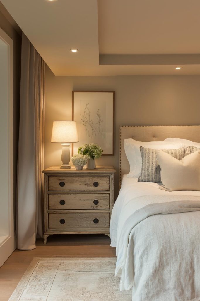 A cozy bedroom with a wooden bedside table, a lighted lamp and framed artwork. The bed is made with white bed linen and decorated with pillows. Soft light creates a warm atmosphere.