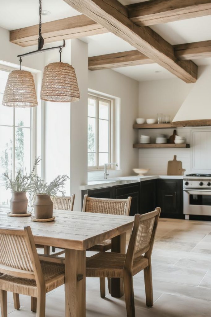 A kitchen with exposed beams, light wood dining table and chairs, wicker hanging lamps, open shelves with white dishes and stainless steel appliances. Large windows provide natural light.