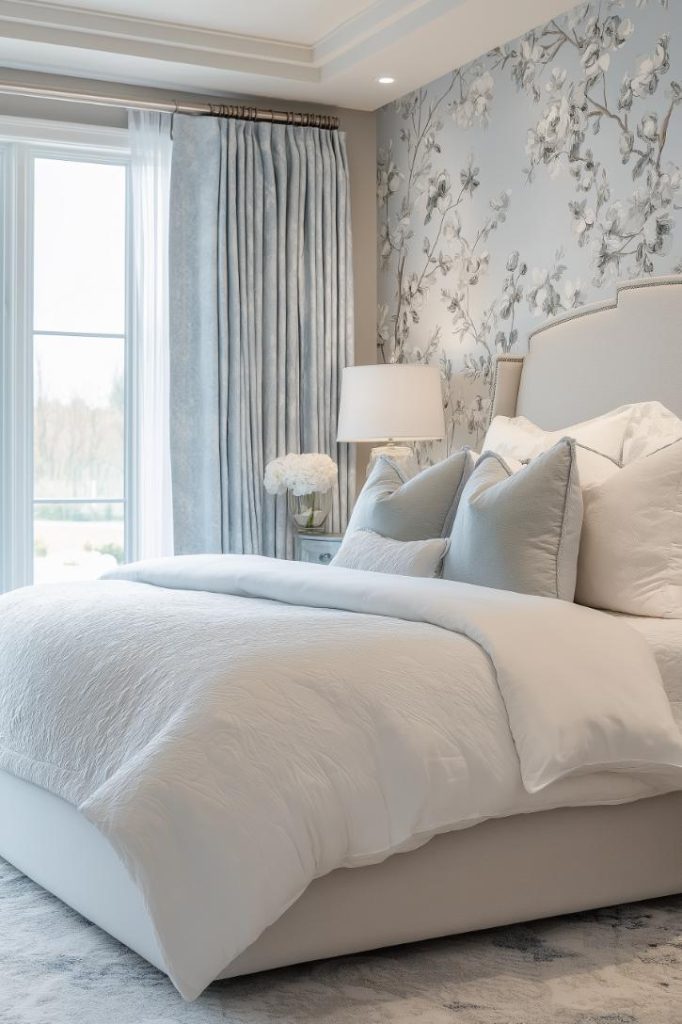 Elegant bedroom with large bed, white bed linen, floral wallpaper and bedside lamp. Light filters through curtains on a window.