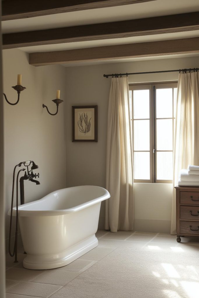 A bathroom with a freestanding bathtub, wall candles, curtains, a framed plant illustration and a wooden cabinet with folded towels. Sunlight comes through the window.