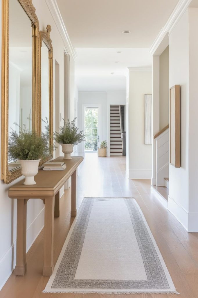 A bright hallway with two large mirrors, a wooden console table with plants and a long carpet. Stairs are visible at the end of the hallway.