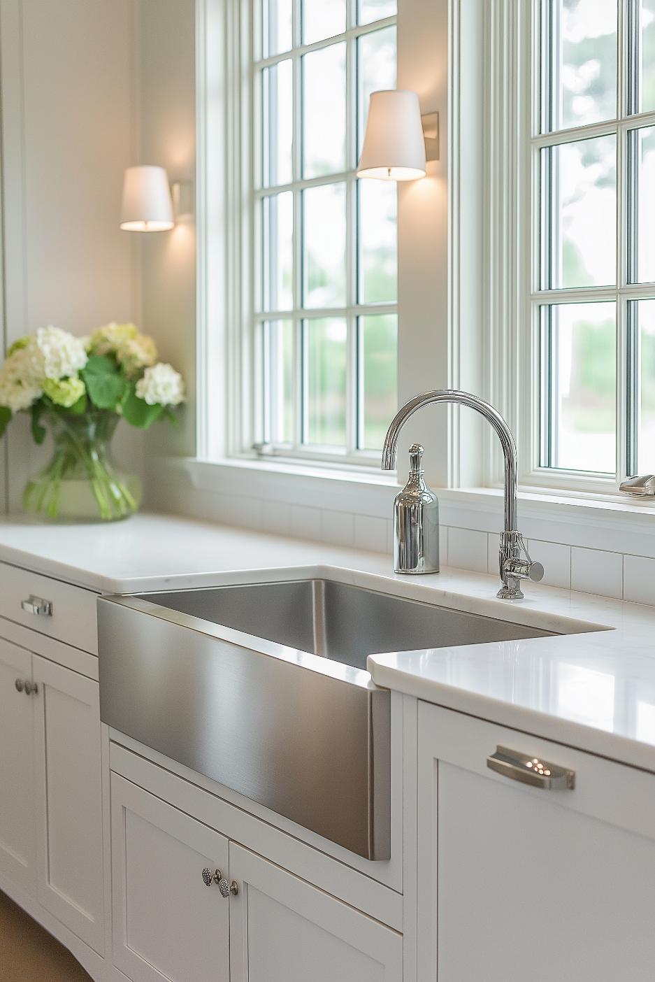 A modern kitchen with a large stainless steel sink, white cabinets and a window. There are two wall lights and a flower vase on the worktop.