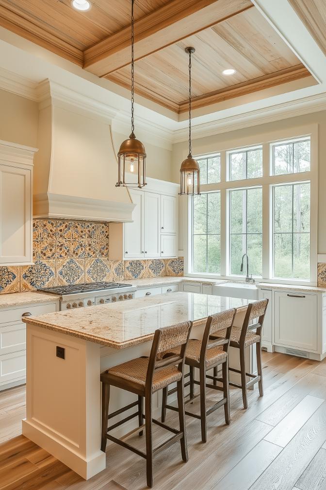 A kitchen with a large island, four chairs, pendant lights, wooden ceiling, tiled backsplash and large windows.