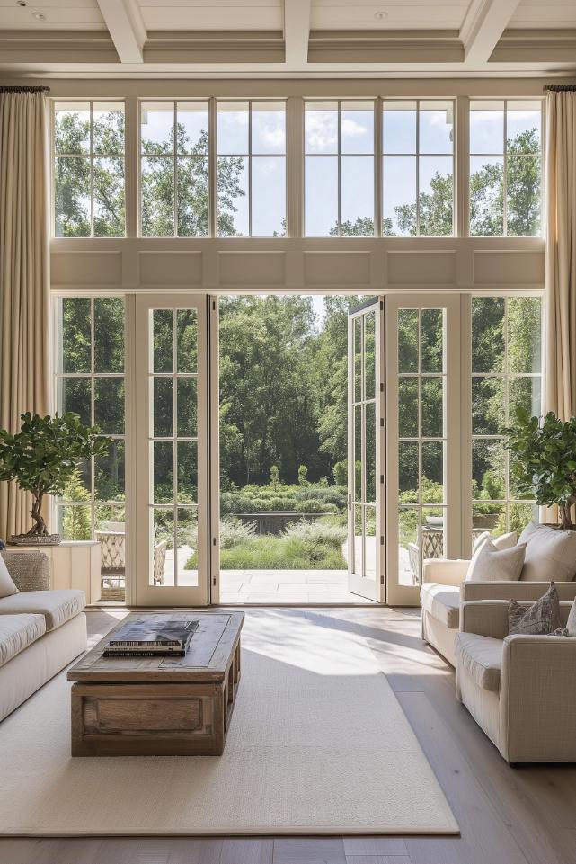 A bright living room with large windows and double doors overlooking the garden. The room has two sofas, a wooden coffee table and potted plants.