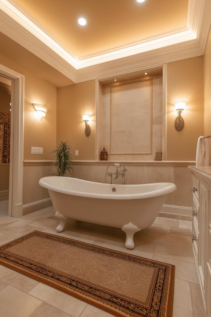 A bathroom with a claw-foot bathtub, beige walls, warm lighting, two sconces and a decorative rug on the floor.