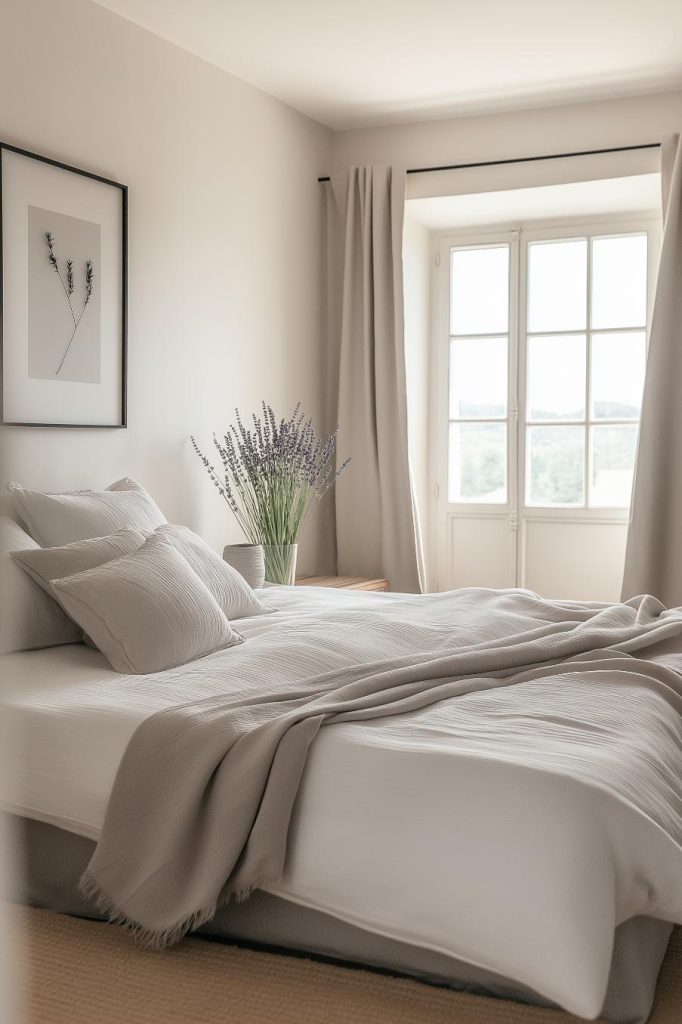 Bright bedroom with a neatly made bed, neutral linens and a lavender vase on the bedside table. Large window with beige curtains provides natural light.