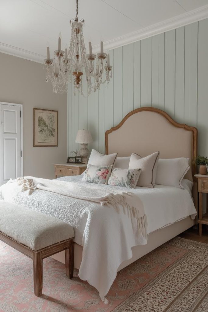 A cozy bedroom with a large bed, an upholstered bench and a chandelier. Light green vertical wall panels, two side tables, a framed picture and decorative pillows complete the furnishings.