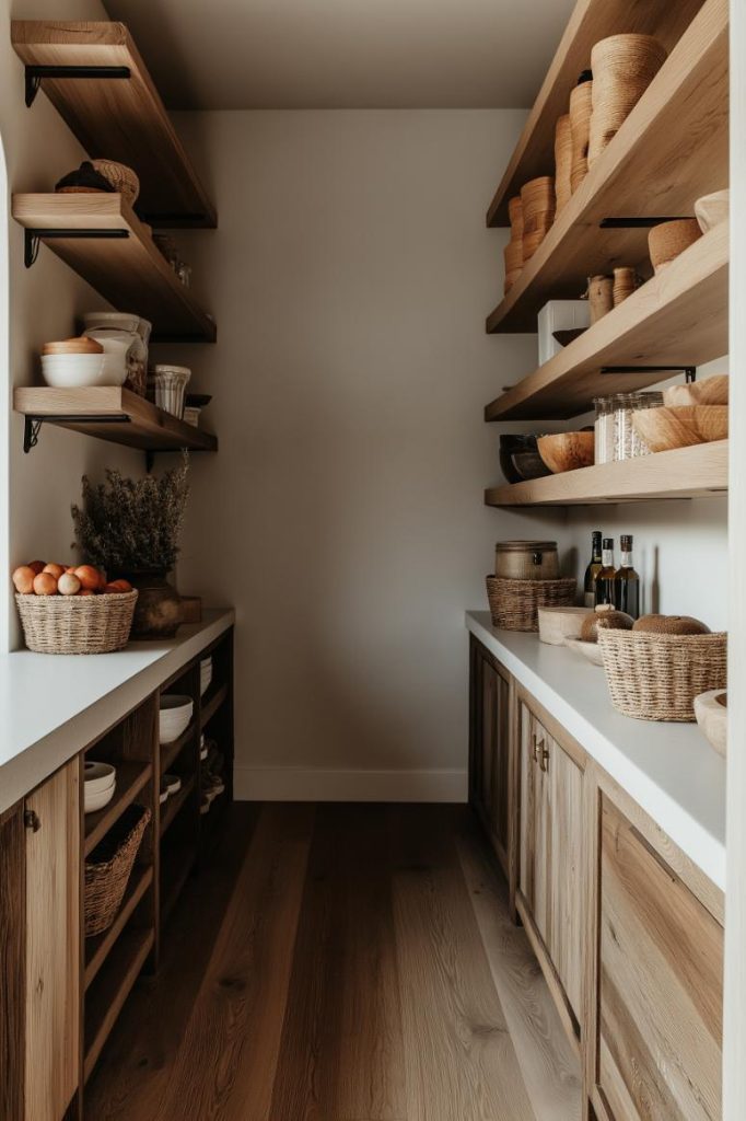 A tidy pantry with wooden shelves displaying baskets, jars and bowls. The worktop offers space for bottles and other baskets. The floor is made of wood and complements the warm, neutral tones.