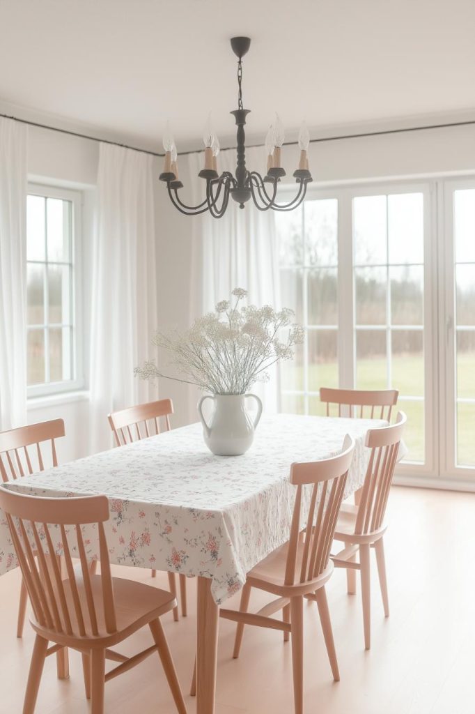 A dining room with a floral tablecloth, six wooden chairs, a vase of white flowers, large windows and a black chandelier.