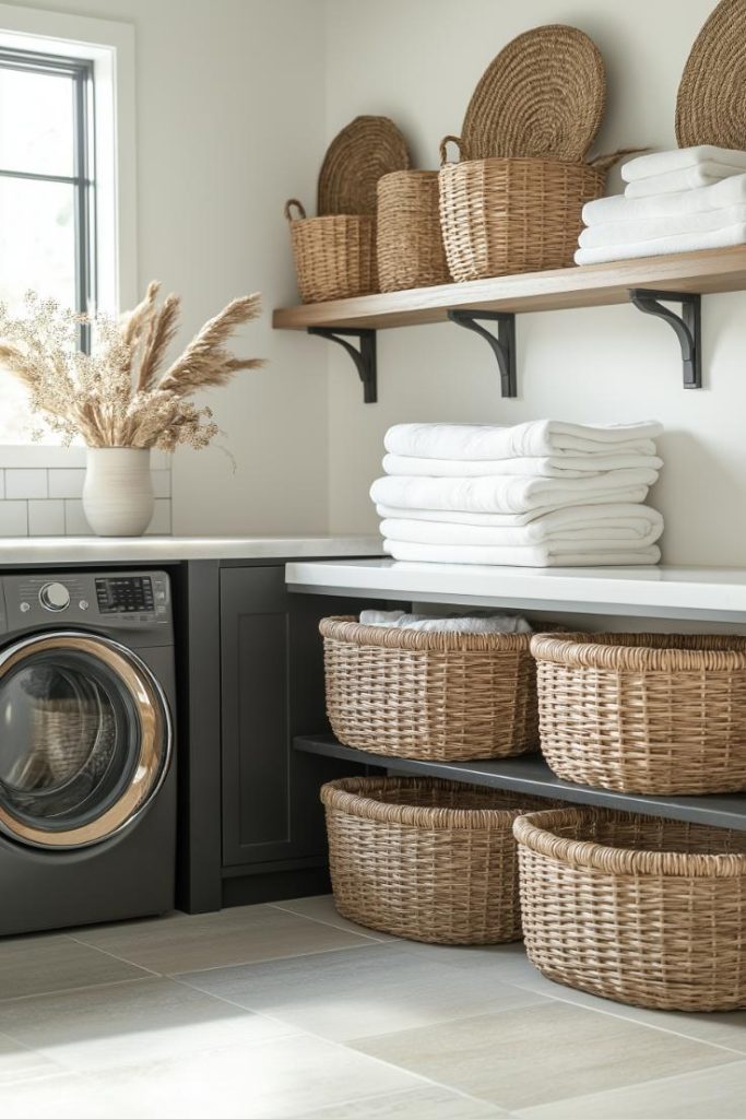 Laundry room with black washing machine, wicker baskets on shelves, folded white towels and a vase with dried plants.