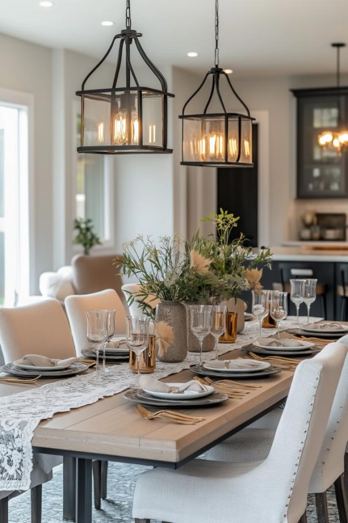 A dining table set for a meal with white chairs, elegantly arranged plates, glasses and cutlery, a lace table runner and floral centerpieces under modern pendant lights.