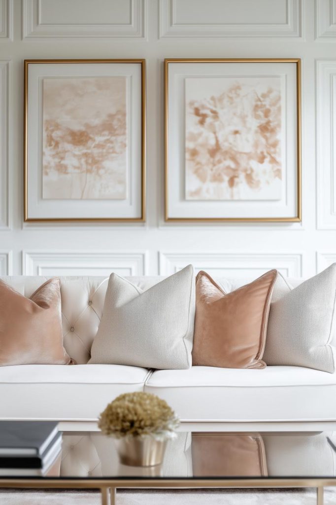 A white, tufted sofa with beige and brown pillows sits against a wall with two framed pieces of abstract art. In the foreground there is a small plant on a glass coffee table.