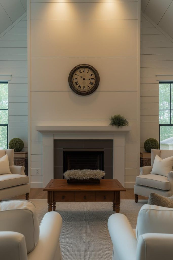 A modern living room features a clock above a fireplace surrounded by white armchairs and a wooden coffee table.