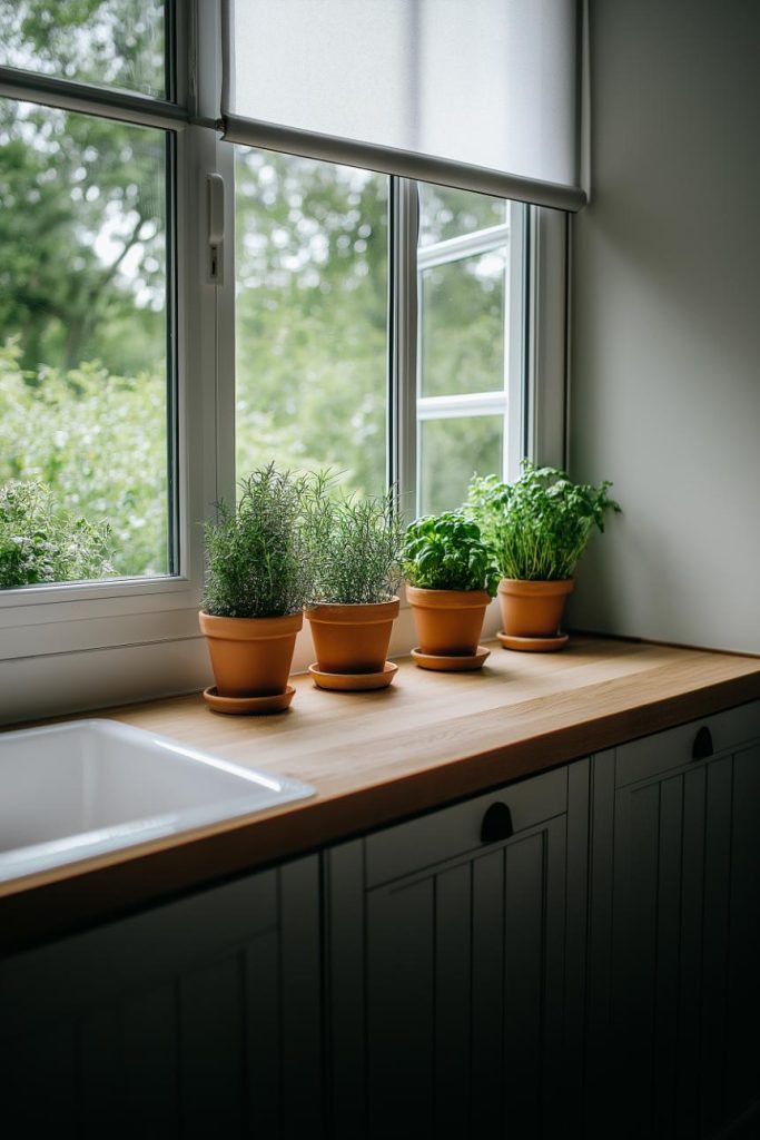 Four potted herbs sit on a wooden counter next to a window with greenery outside.