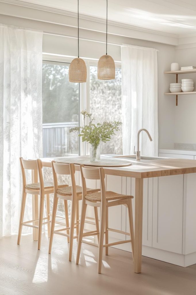 A bright kitchen with a wooden island, three chairs, pendant lights and a flower vase. Large windows with sheer curtains let in natural light.