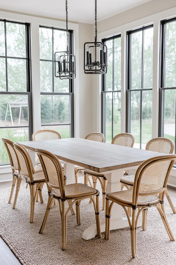 A modern dining room with a white table, six wicker chairs, large windows and two black chandeliers.