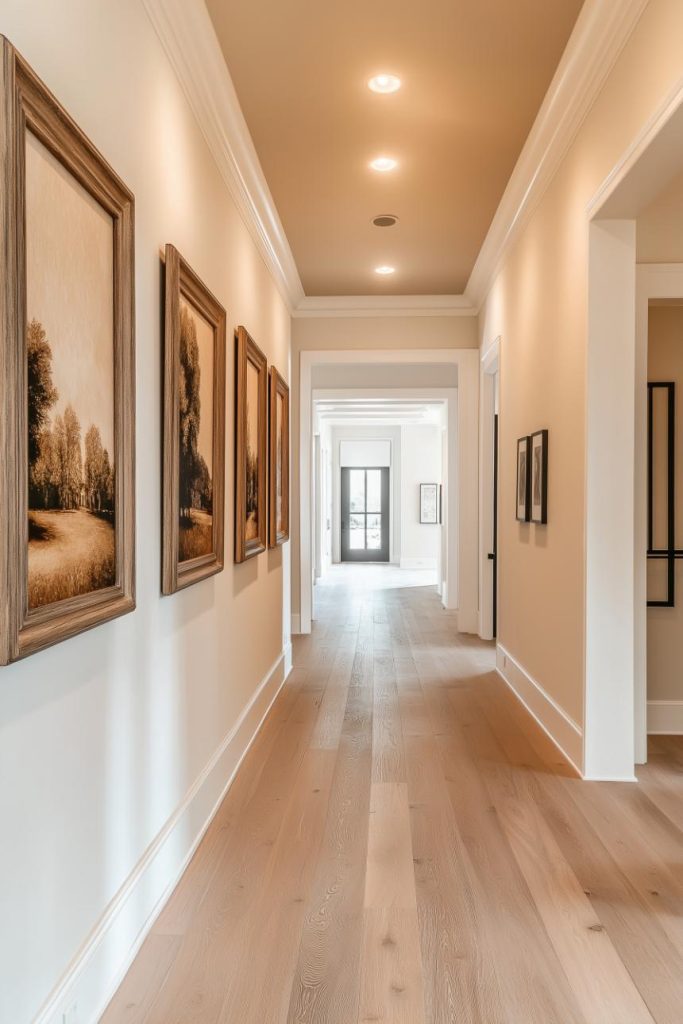 A well-lit hallway with wooden floors, framed pictures on the left wall and recessed lights on the ceiling. The hall extends to a distant bright door.