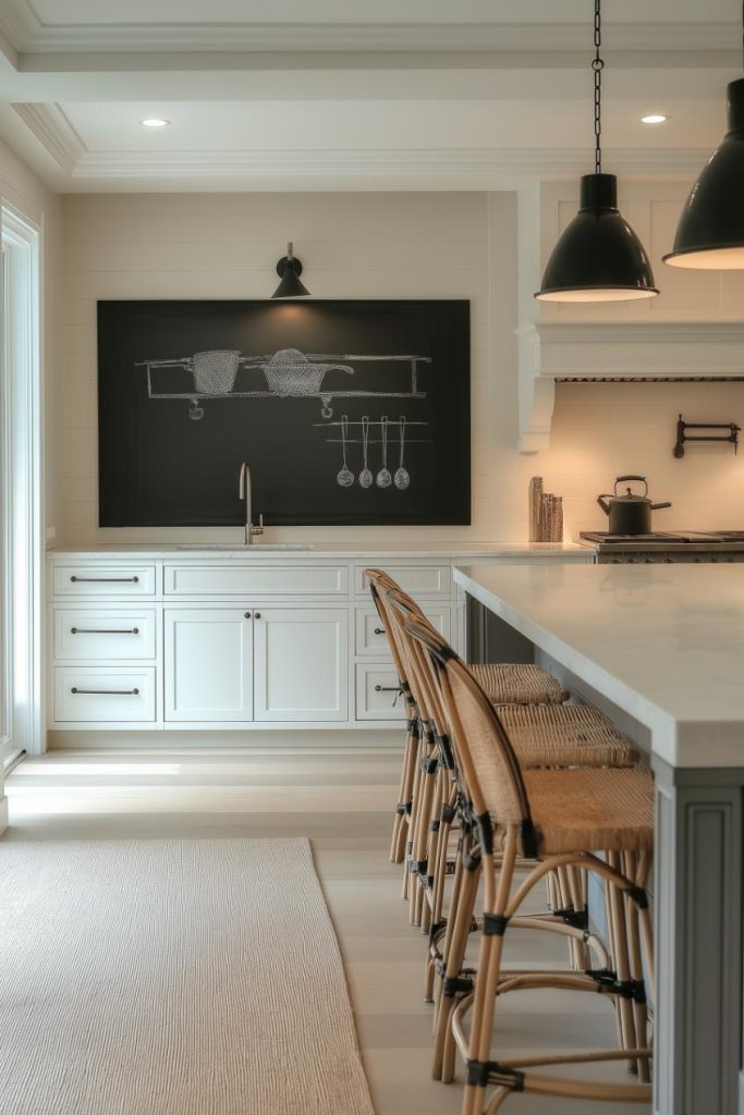 Modern kitchen with a large island, bar stools, hanging pendant lights and a chalkboard on the wall above a sink and white cabinets.