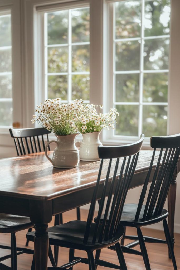 A wooden dining table with four black chairs and two white jugs full of white daisies against a backdrop of large windows.