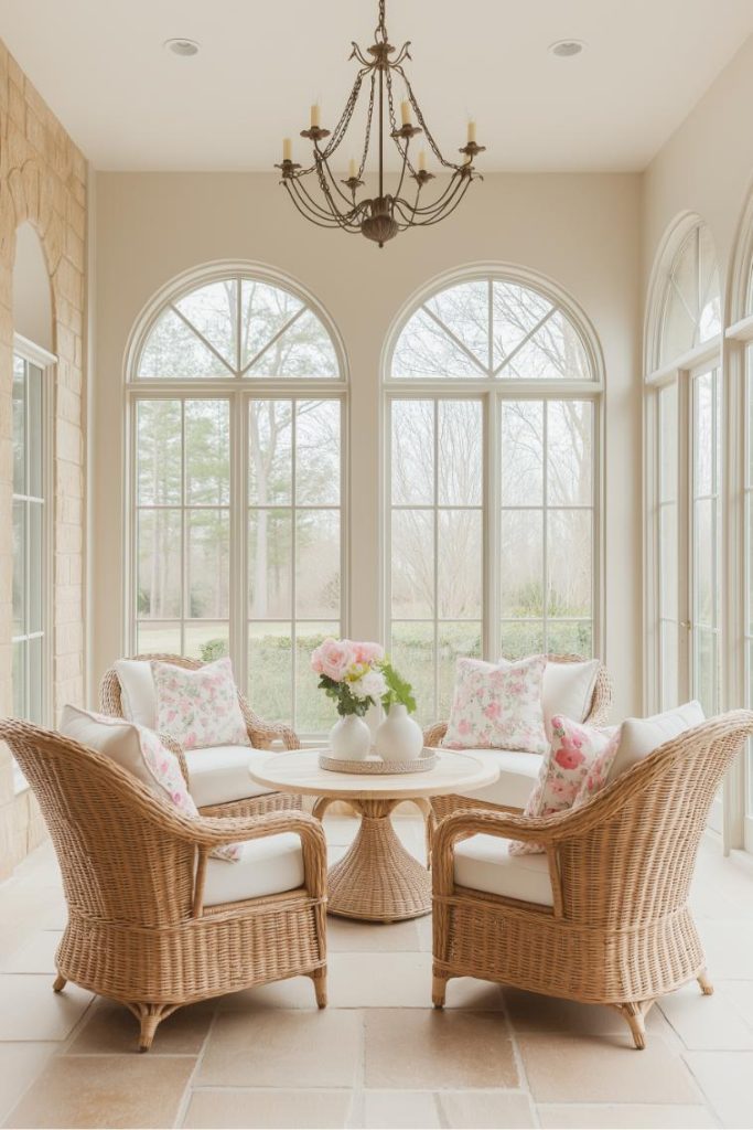 A sunlit room with wicker chairs around a round table, floral cushions, a chandelier above and large arched windows overlooking a garden.