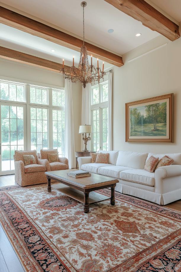 A bright living room with large windows, a chandelier, two armchairs, a sofa, a wooden coffee table and a patterned carpet. A landscape painting hangs on the wall.