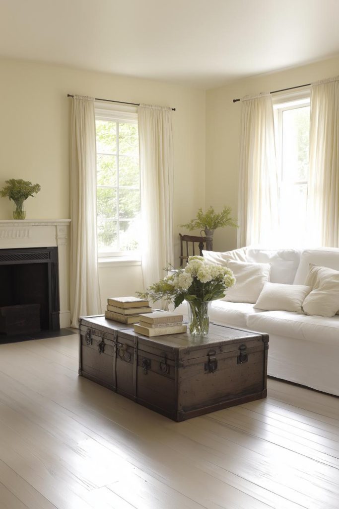 A bright living room with a white sofa, a coffee table made of wooden chests, books and flowers. In the background there are large windows with transparent curtains and a fireplace.