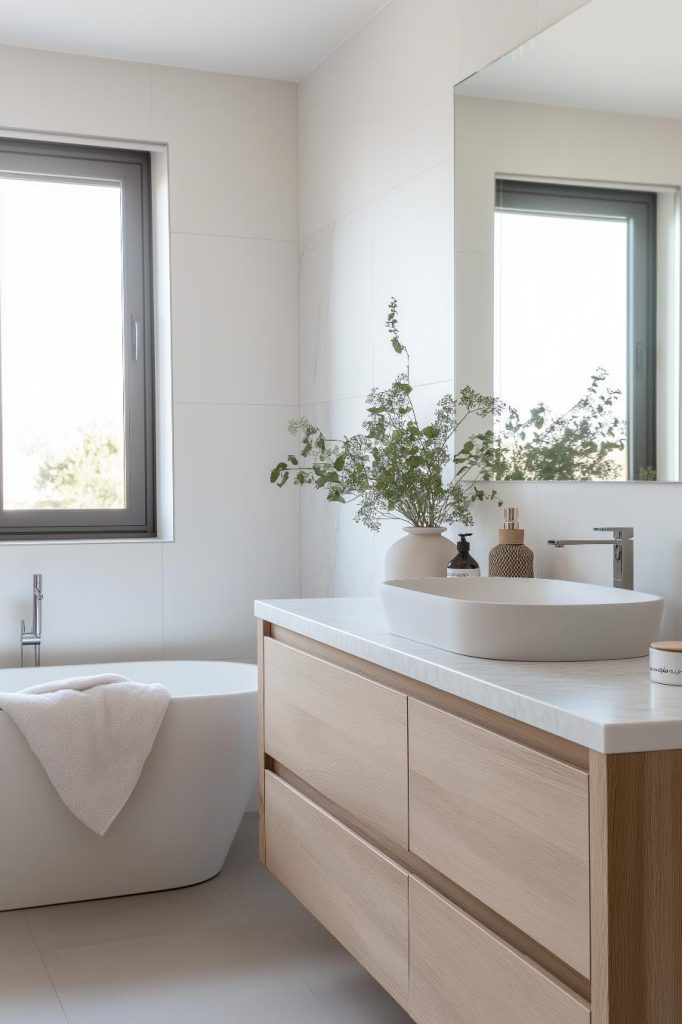 A modern bathroom with a large mirror, wooden vanity, white countertop and neatly arranged toiletries. A towel lies on a freestanding bathtub next to a window.