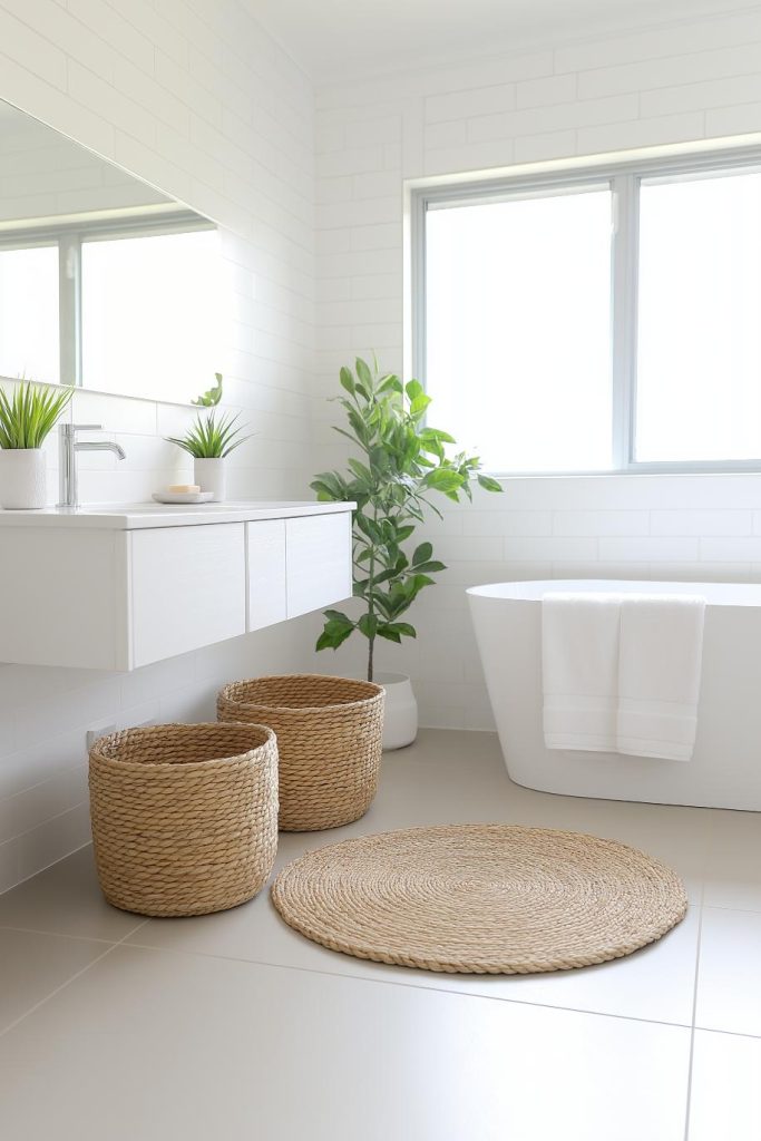 A minimalist bathroom with a white bathtub, a sink, round woven baskets, a round rug and a potted plant. A large window provides natural light.