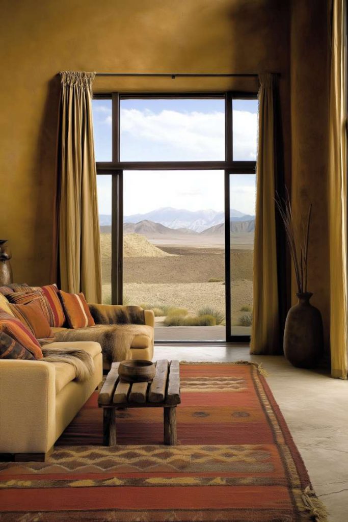 A living room with a sofa, cushions and a wooden coffee table. Large window shows a desert landscape with mountains in the background. Earth-colored decor and a patterned carpet on the floor.