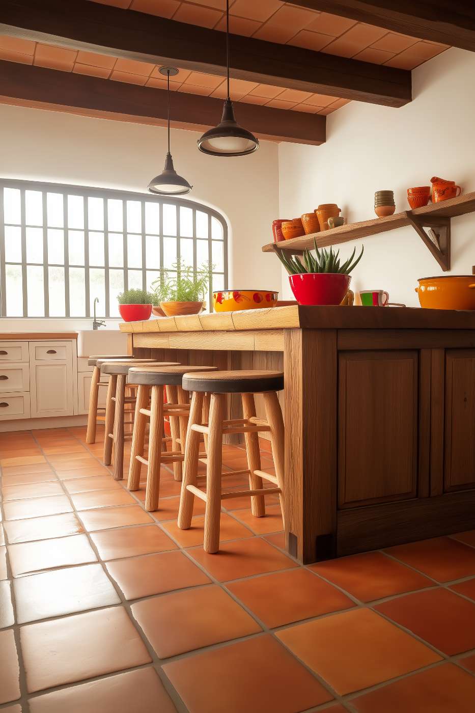 A cozy kitchen with terracotta tile floors, a wooden island with stools, colorful bowls and mugs, plants and large windows with black frames.