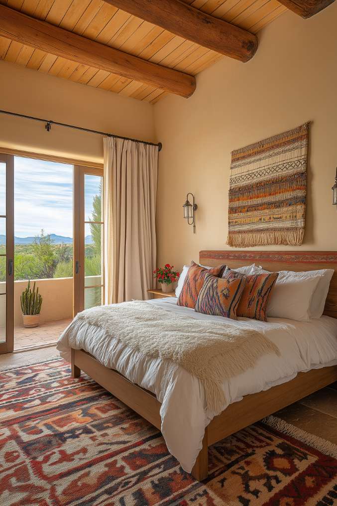 A cozy beamed bedroom features a large bed with patterned pillows and a wall hanging. Glass doors reveal views of the outdoors and a textured carpet covers the floor.