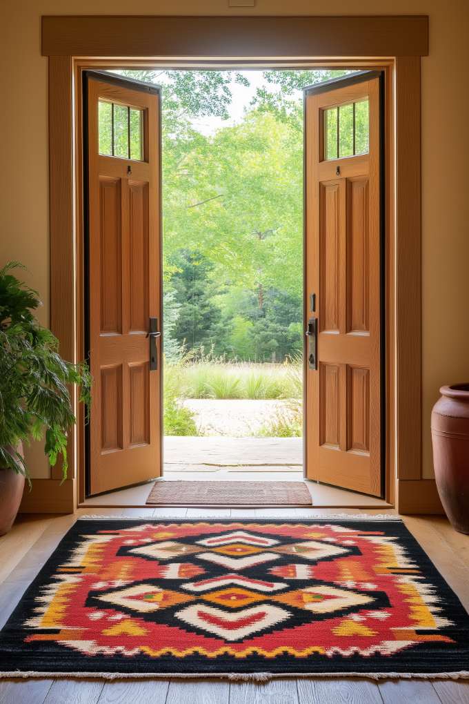 Open wooden double doors lead to a lush green outdoor landscape with a colorful geometric patterned carpet on the floor inside.