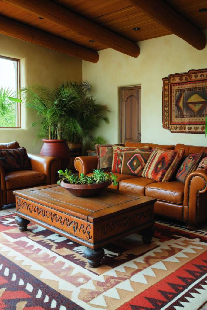 Southwestern style living room. Features leather sofas with patterned cushions, a wooden coffee table, potted plants and a geometric pattern rug under a beamed ceiling.