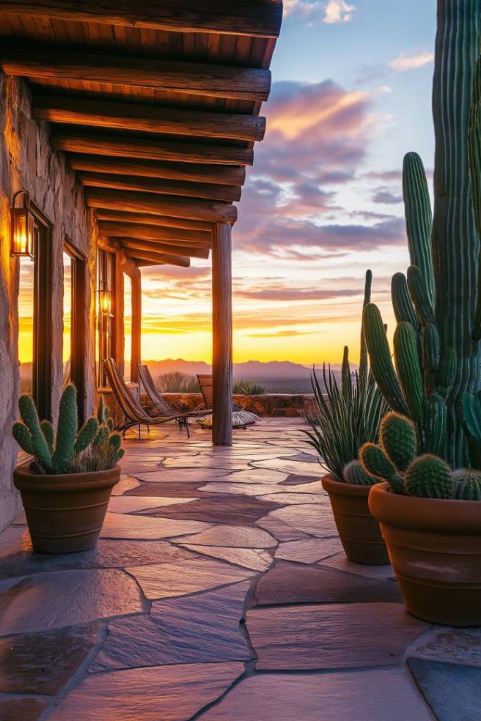 Stone patio with potted cactus overlooking desert sunset. The scene shows a wooden pergola and a distant view of the mountains.