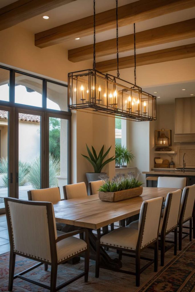 A dining room with a wooden table, eight chairs, a plant centerpiece, large windows and a rectangular chandelier.