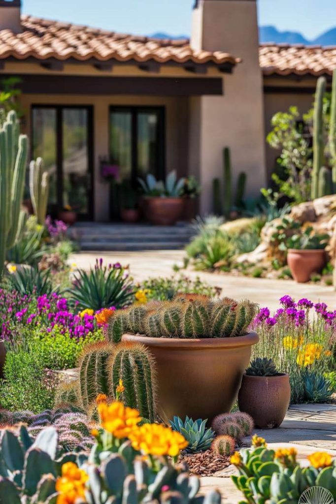 Desert landscape with cacti and colorful flowers in a garden, in front of a house with a terracotta roof.