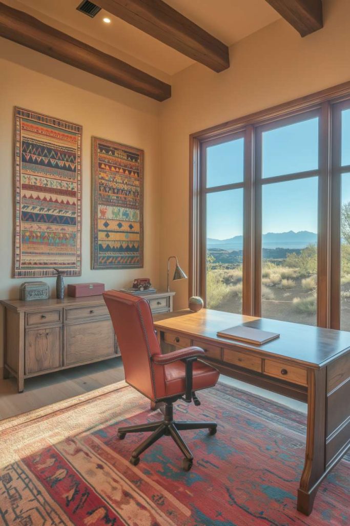 A well-lit office with a wooden desk, a red chair, a large window with a view of the mountains and colorful patterned wall hangings.