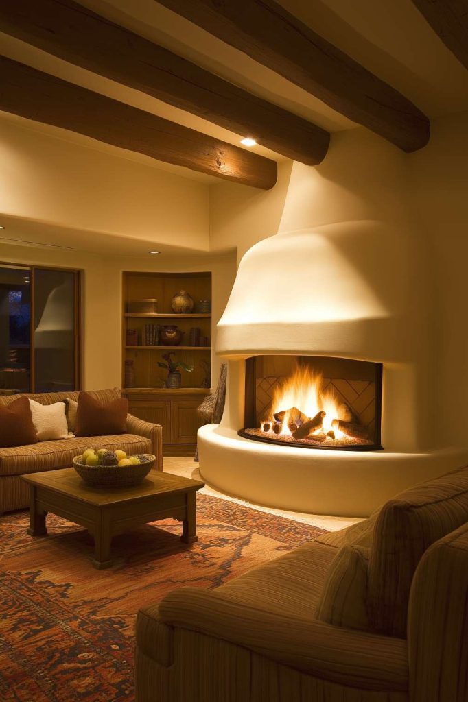 A cozy living room with a burning fireplace, wooden beams and a carpet. There are two sofas and a wooden coffee table with a fruit bowl. Built-in shelves provide space for books and decorative items.