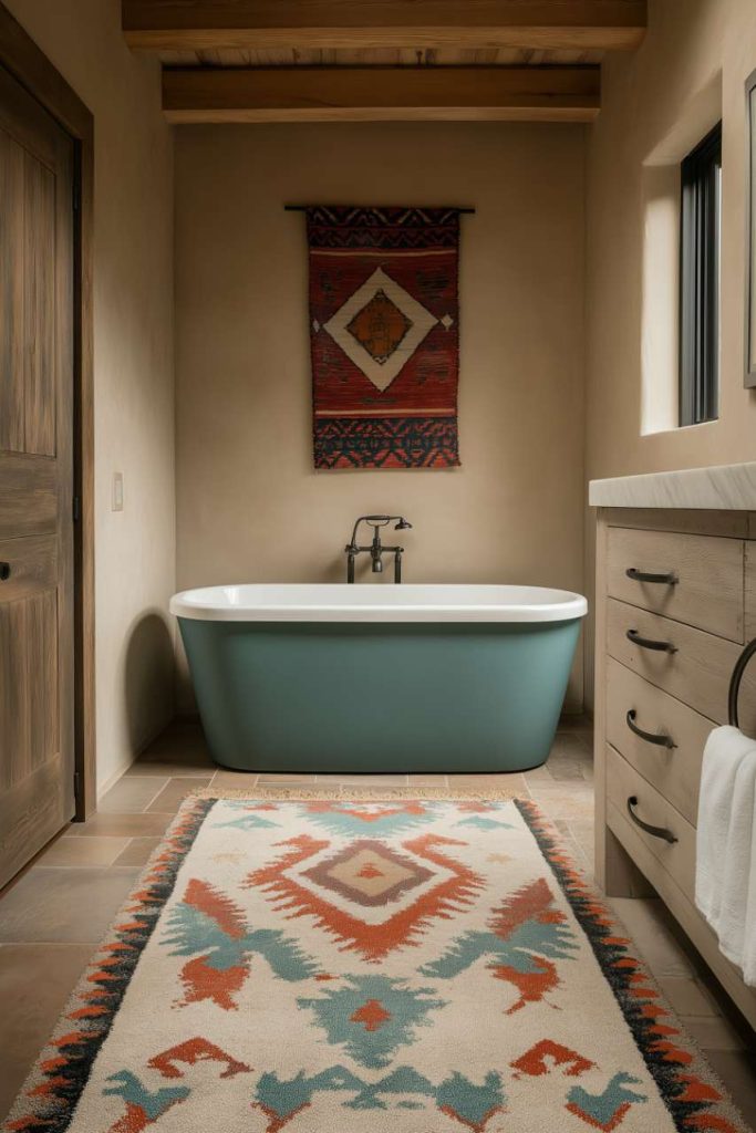 Bathroom with a teal bathtub, a decorative carpet and a small tapestry.