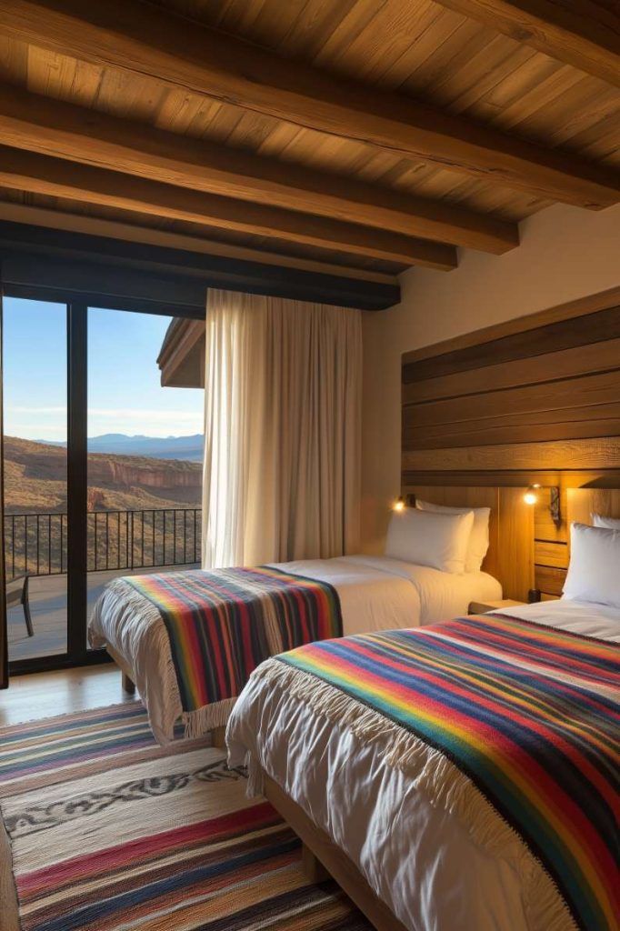 A cozy hotel room with two beds, each covered in colorful striped blankets, features a large window with scenic mountain views and a balcony.