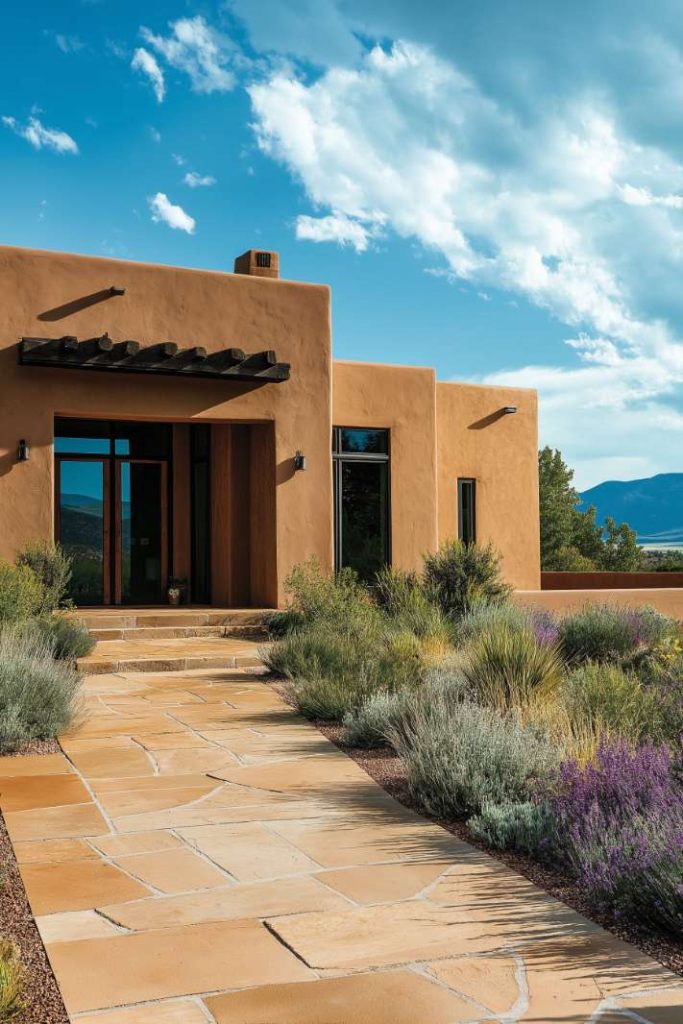 A modern adobe style house with large windows surrounded by desert landscape and a stone path under a blue sky.