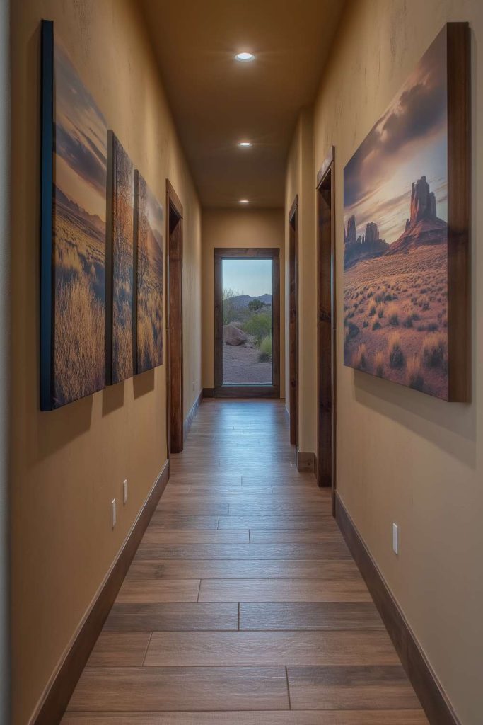 A narrow hallway with wooden floors and landscape paintings on the walls, leading to a glass door depicting an outdoor desert scene.