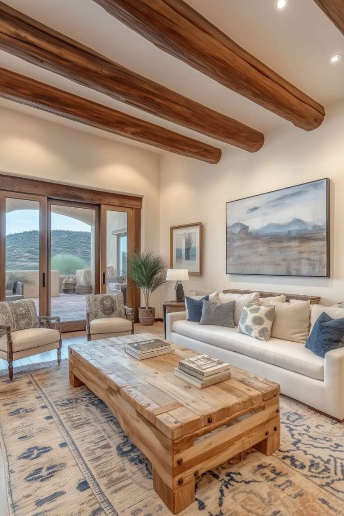 A spacious living room with exposed wooden beams, a large wooden coffee table, a white sofa and two armchairs. There's a rug on the floor, framed art on the wall, and views through glass doors.